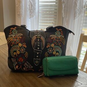 Mountana West Floral Embroidered Black Shoulder Bag with Green Wallet